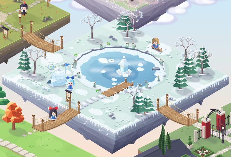 冬の霧の湖。凍った湖、雪の積もった松、かまくら、そしてチルノ